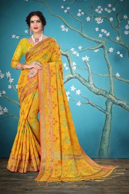 Orange woven cotton saree with blouse 1