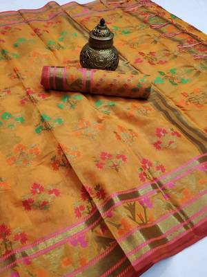 Orange woven cotton saree with blouse 2