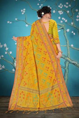 Orange woven cotton saree with blouse 3