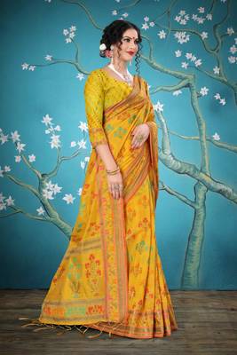 Orange woven cotton saree with blouse 5
