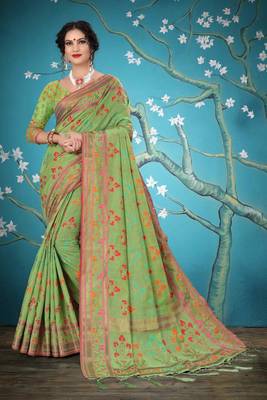 Green woven cotton saree with blouse 1