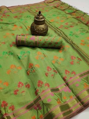 Green woven cotton saree with blouse 2