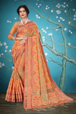 Peach woven cotton saree with blouse 1