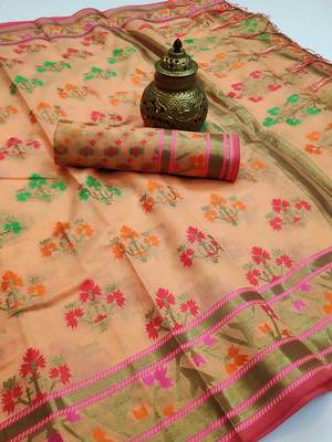 Peach woven cotton saree with blouse 2