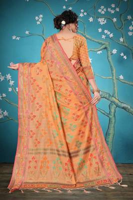 Peach woven cotton saree with blouse 3