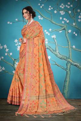 Peach woven cotton saree with blouse 4