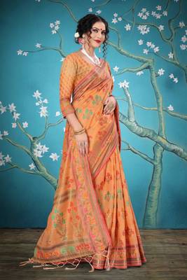 Peach woven cotton saree with blouse 5