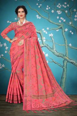 Pink woven cotton saree with blouse 1