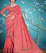 Pink woven cotton saree with blouse