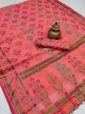 Pink woven cotton saree with blouse 2