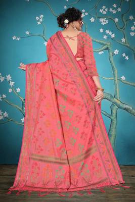 Pink woven cotton saree with blouse 3
