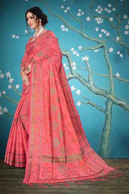 Pink woven cotton saree with blouse 4