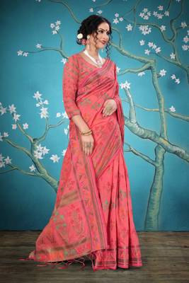 Pink woven cotton saree with blouse 5