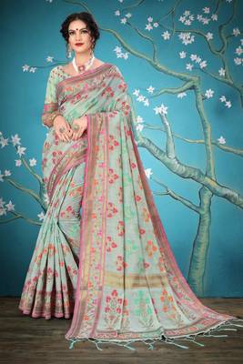 Light green woven cotton saree with blouse 1