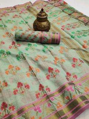 Light green woven cotton saree with blouse 2
