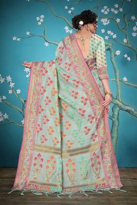 Light green woven cotton saree with blouse 3