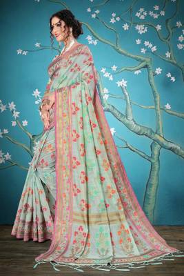 Light green woven cotton saree with blouse 4