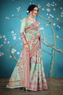 Light green woven cotton saree with blouse 5