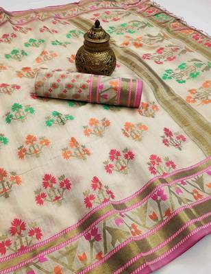 White woven cotton saree with blouse 2