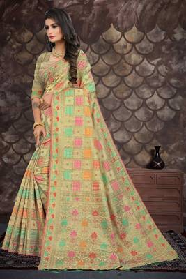 Cream woven cotton saree with blouse 4