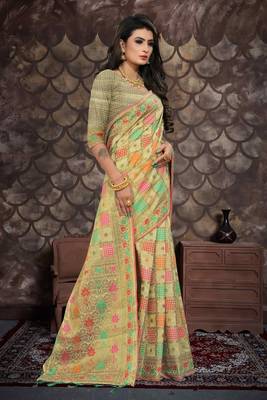 Cream woven cotton saree with blouse 5