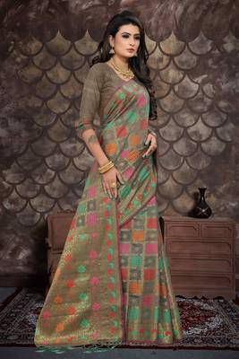 Grey woven cotton saree with blouse 5