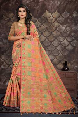 Peach woven cotton saree with blouse 1