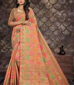 Peach woven cotton saree with blouse