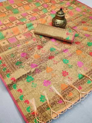 Peach woven cotton saree with blouse 2