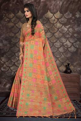 Peach woven cotton saree with blouse 4