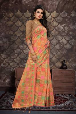 Peach woven cotton saree with blouse 5