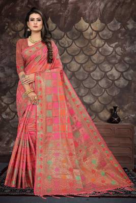 Pink woven cotton saree with blouse 1