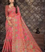 Pink woven cotton saree with blouse