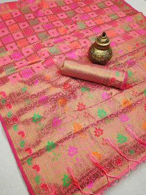 Pink woven cotton saree with blouse 2