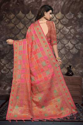 Pink woven cotton saree with blouse 3