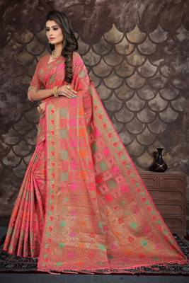 Pink woven cotton saree with blouse 4