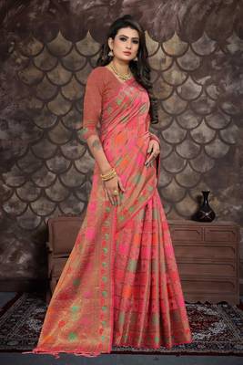 Pink woven cotton saree with blouse 5