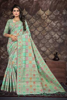 Light green woven cotton saree with blouse 1