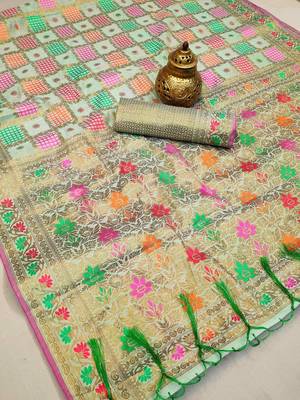 Light green woven cotton saree with blouse 2
