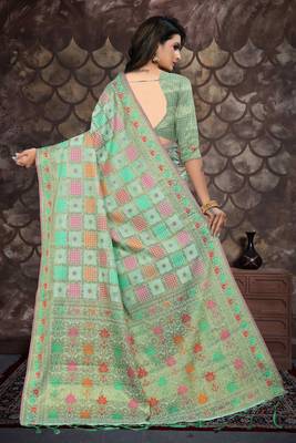 Light green woven cotton saree with blouse 3
