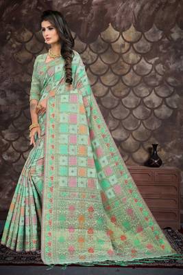 Light green woven cotton saree with blouse 4