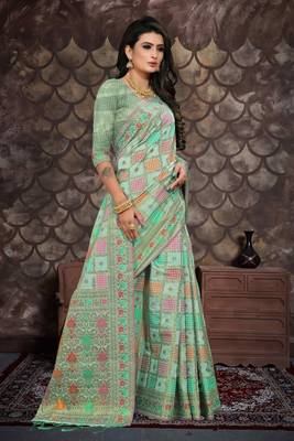 Light green woven cotton saree with blouse 5