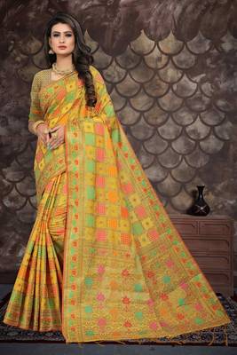 Yellow woven cotton saree with blouse 1