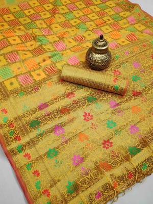 Yellow woven cotton saree with blouse 2