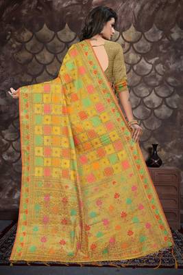 Yellow woven cotton saree with blouse 3