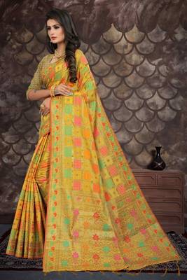 Yellow woven cotton saree with blouse 4