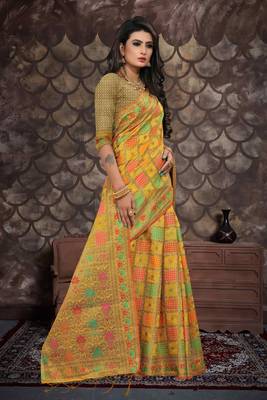 Yellow woven cotton saree with blouse 5