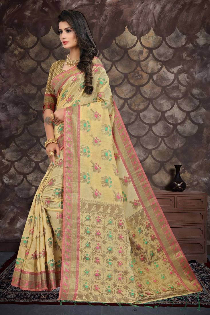 Women's Tissue Cream Woven Design Designer Saree With Blouse Piece