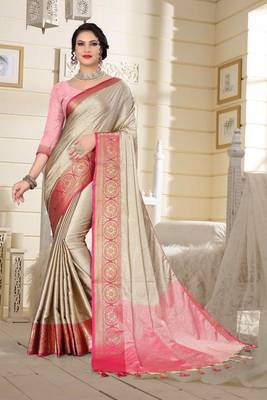 Beige Jacquard Woven Kanchipuram / Kanjivaram Silk Sarees With Blouse Piece 1