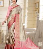 Beige Jacquard Woven Kanchipuram / Kanjivaram Silk Sarees With Blouse Piece